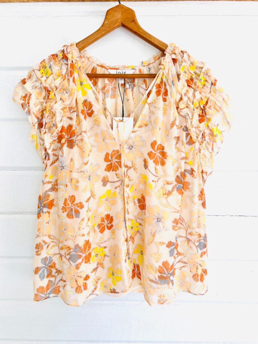 JOIE Tezza 100% Silk Short Sleeve Top in Apricot Buff Floral - NWT! - 1X